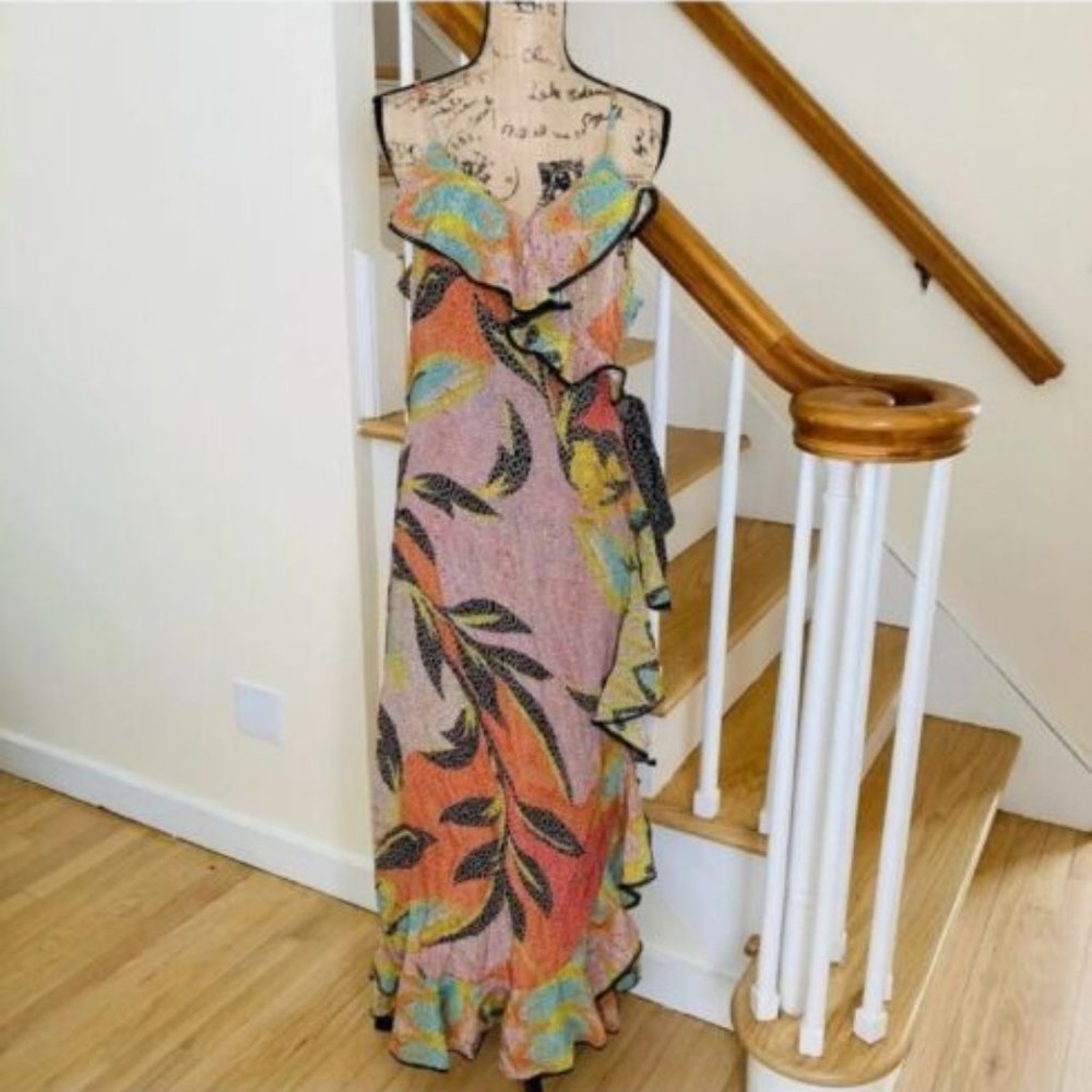 Anthropologie Orange and Green Leaf-Print Midi Dress - Picture 4 of 7